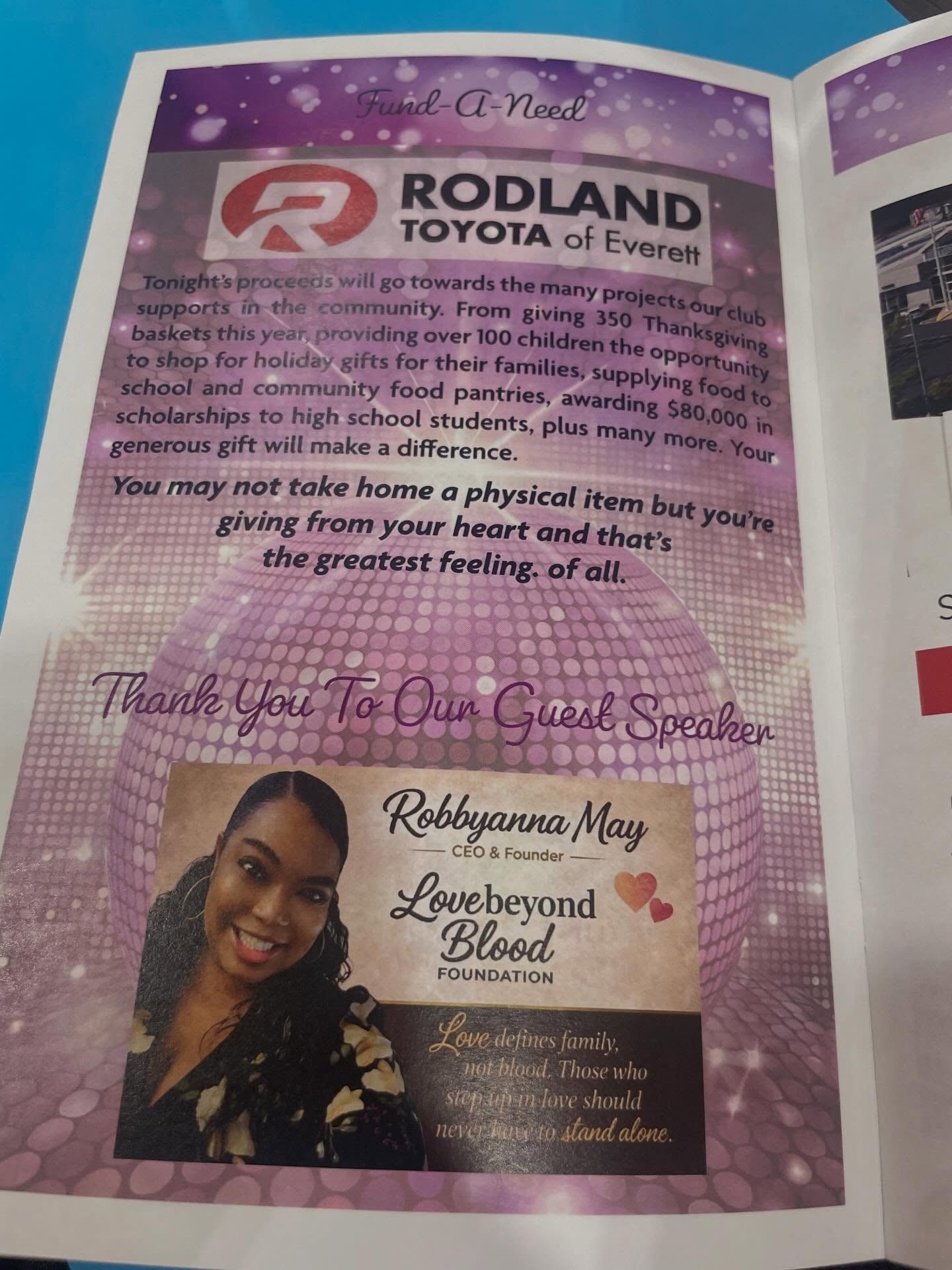 Rodland Toyota Fund-A-Need event programme featuring Robbyanna May, CEO & Founder of Love Beyond Blood Foundation, as guest speaker