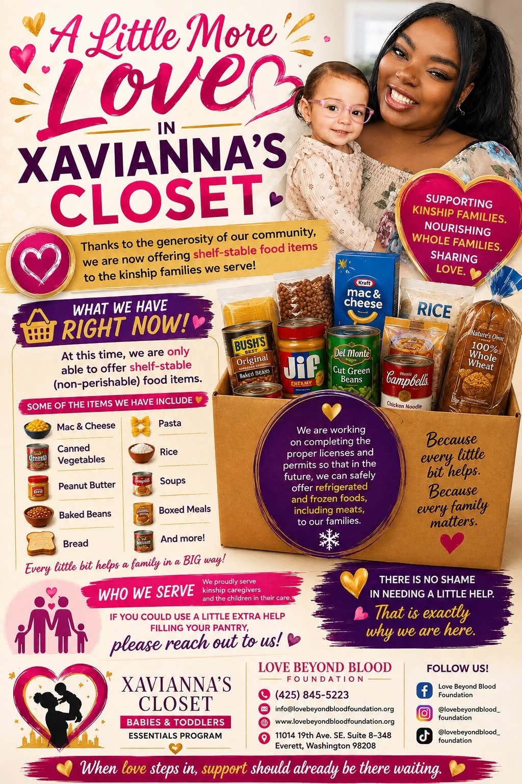 A Little More Love in Xavianna's Closet — food pantry programme flyer showing available shelf-stable items and contact information